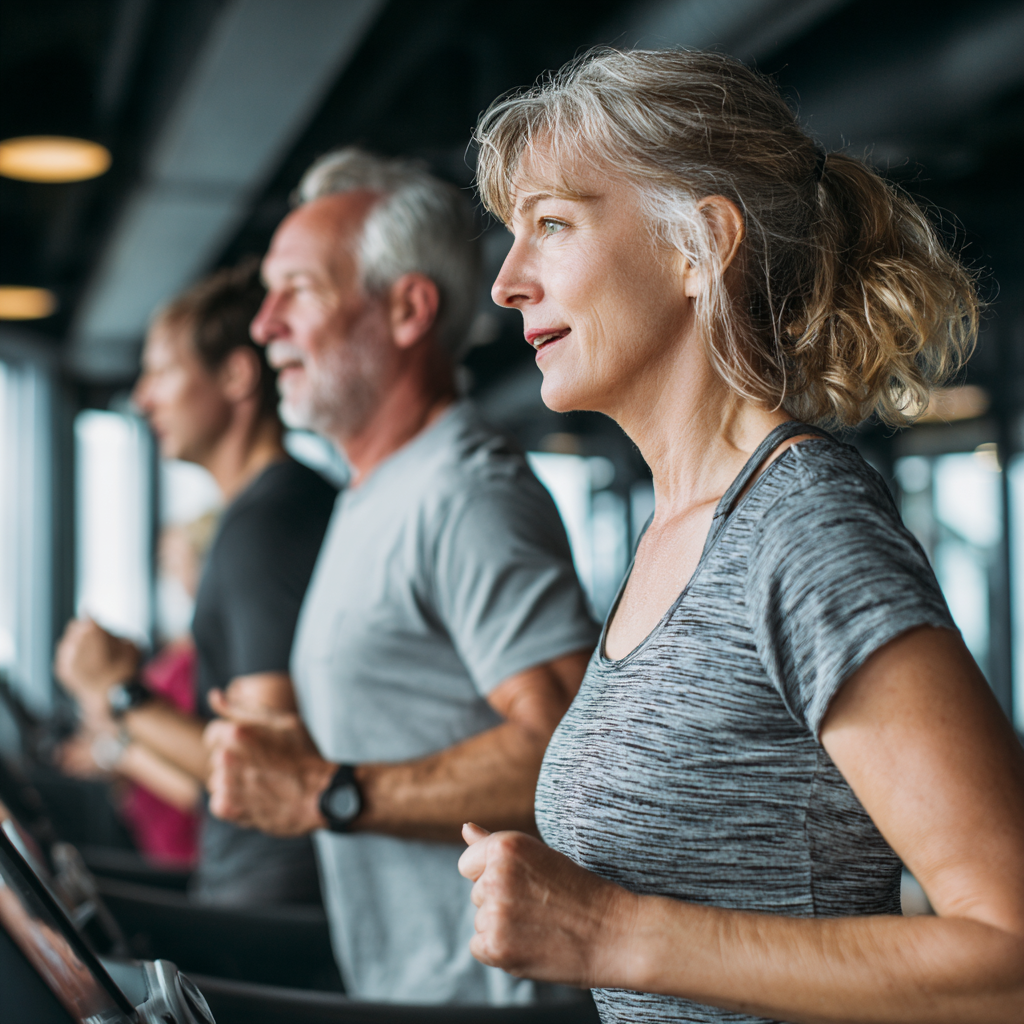 middle-aged adults working out in a modern fitness center